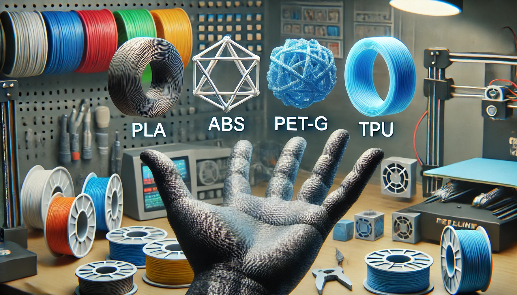 Comparaison de quatre objets imprimés en 3D, illustrant les différences entre les matériaux PLA, ABS, PET-G et TPU en termes de rigidité, flexibilité, texture et transparence