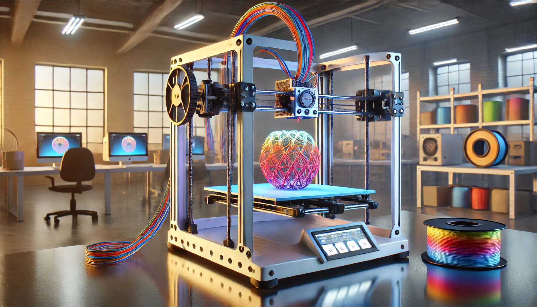 Imprimante 3D FDM moderne en action dans un atelier, mettant en avant la technologie de dépôt de filament fondu